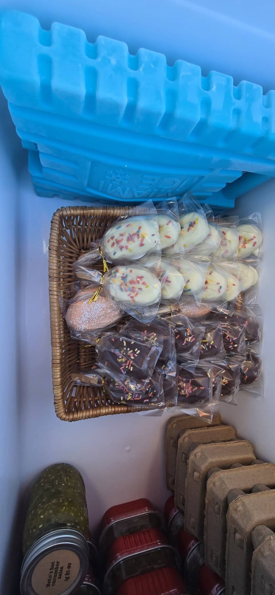 Cooler stocked with eggs and chilled items